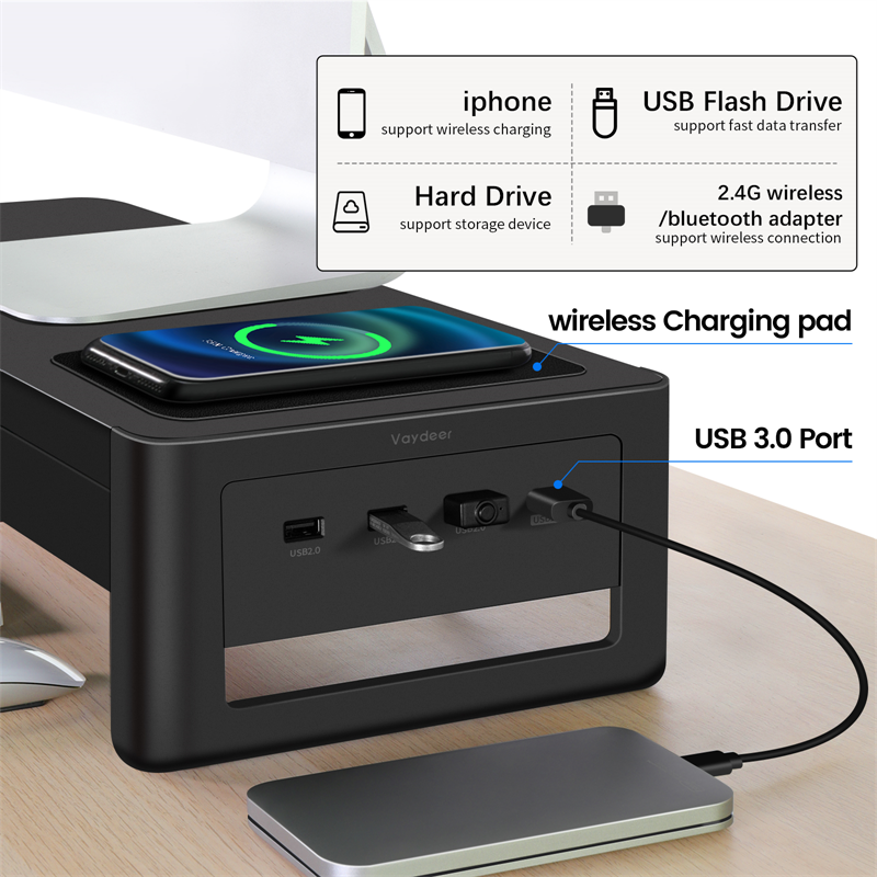 Vaydeer Monitor Stand features a wireless or USB charging station